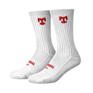 Two white socks with red Tribal logo on a white background